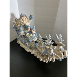Figurine Christmas Blue White Santa Sleigh Reindeer Collectible Holiday Decor